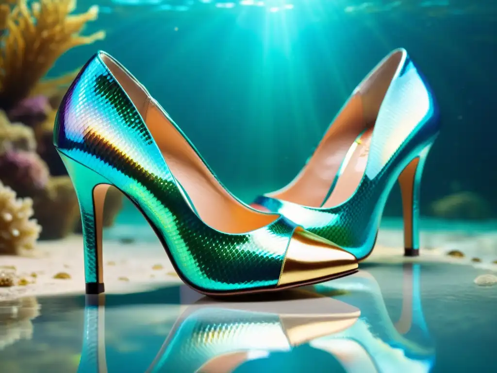 Zapatos de tacón inspirados en la vida marina brillan bajo el agua con elegantes detalles de pez caballito de mar y colores vibrantes del fondo marino