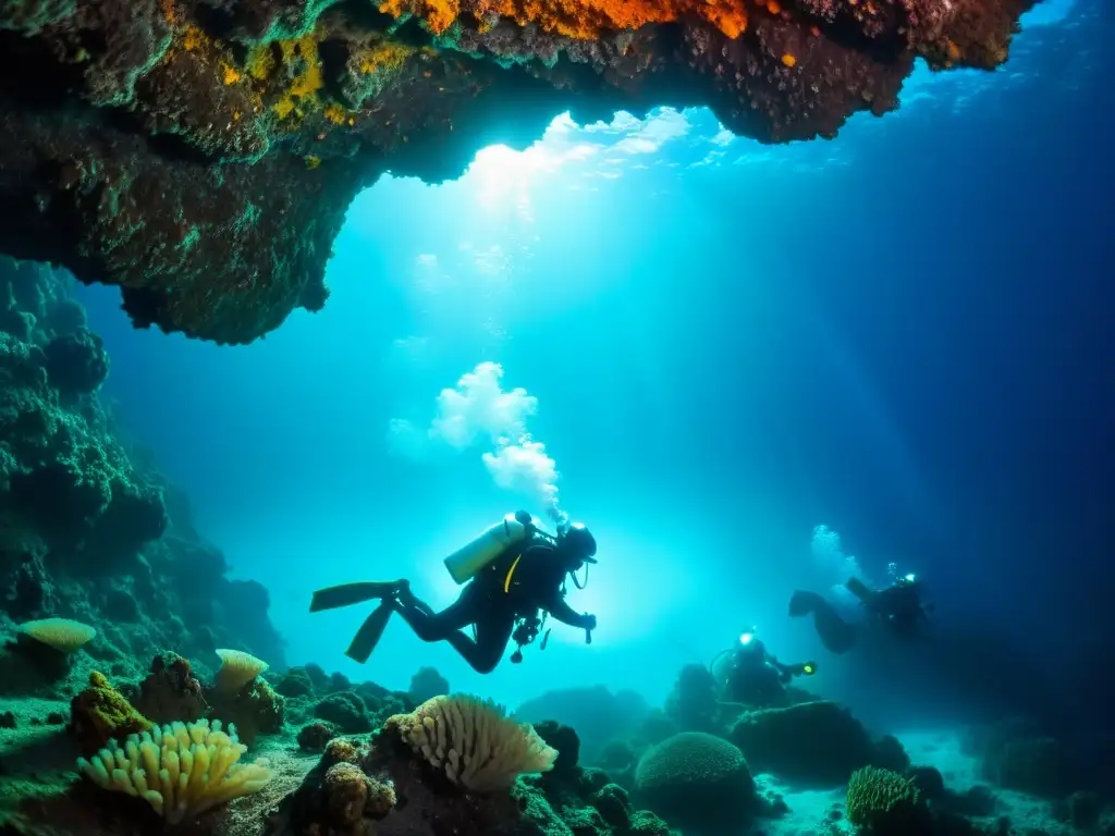 Exploración en zonas volcánicas submarinas: Equipo de buzos en un entorno submarino volcánico, iluminados por el brillo de las fuentes hidrotermales